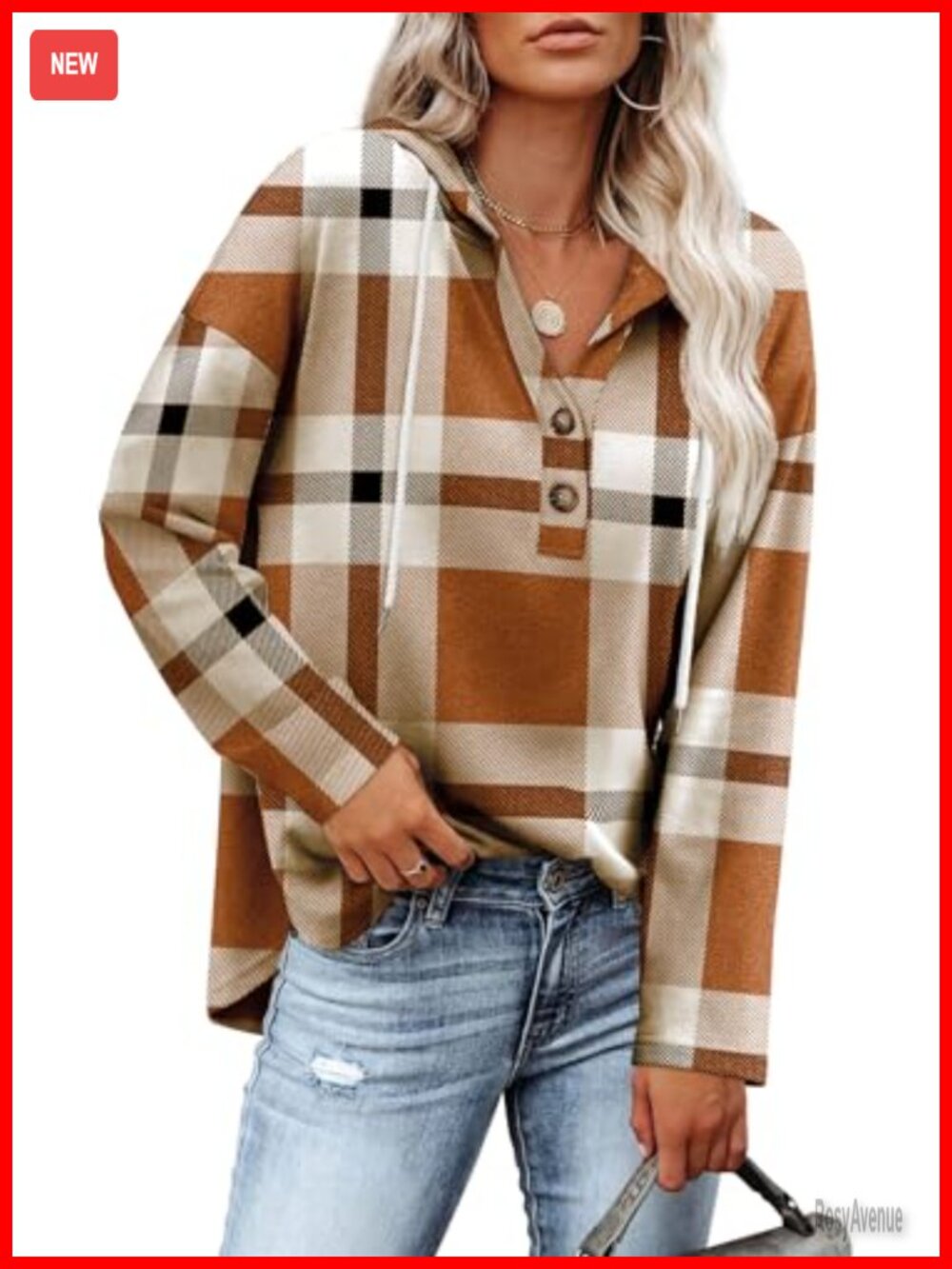 Womens V-Neck Hooded Sweatshirt Pullover Loose Tunic Plaid Fall Outfit